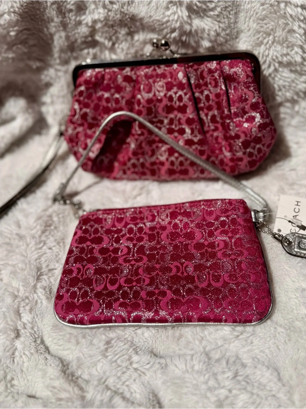 NWT Coach Raspberry Lurex Wristlet and Kisslock Pouch Duo